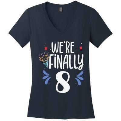 Were Finally 8 Celebrate Twins Birthday Twin Party Eight Women's V-Neck T-Shirt