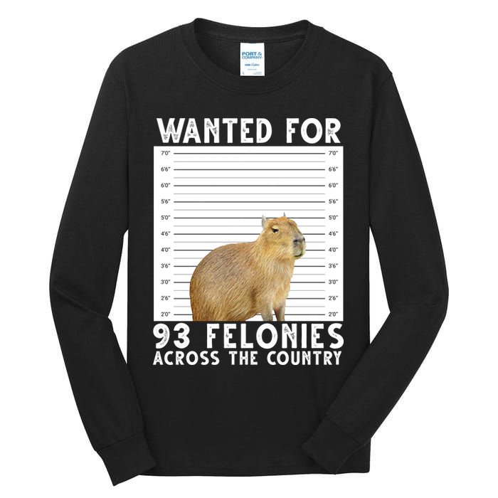 Wanted For 93 Felonies Across The Country Capybara Mugshot Tall Long Sleeve T-Shirt