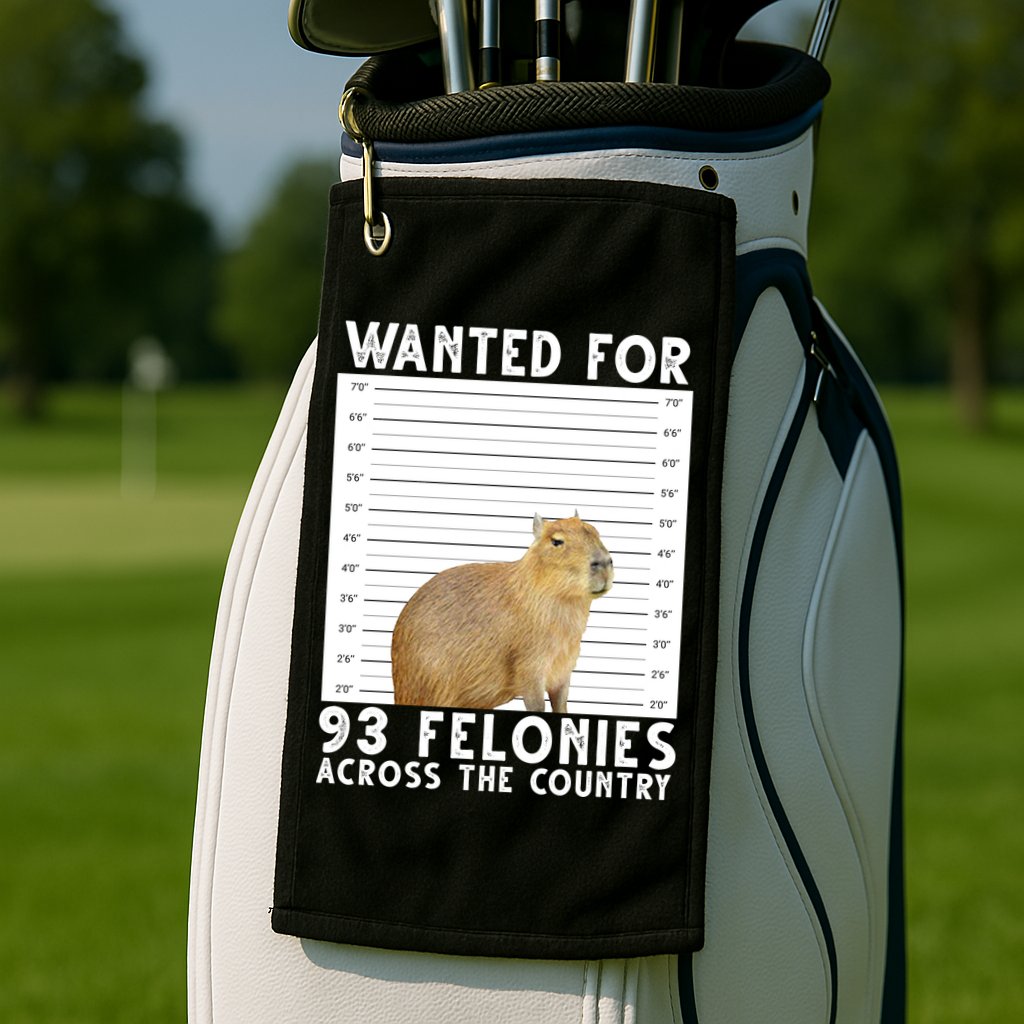Wanted For 93 Felonies Across The Country Capybara Mugshot Golf Towel