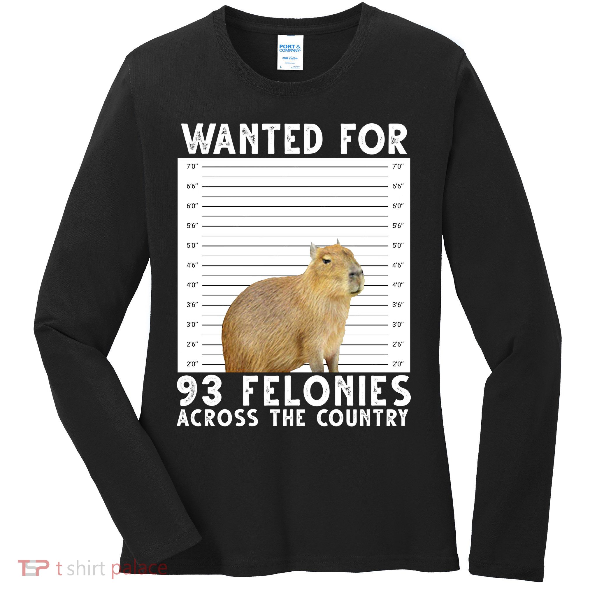 Wanted For 93 Felonies Across The Country Capybara Mugshot Ladies Long Sleeve Shirt
