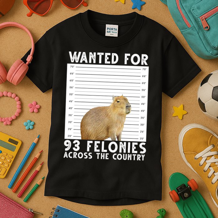 Wanted For 93 Felonies Across The Country Capybara Mugshot Kids T-Shirt