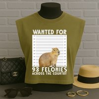 Wanted For 93 Felonies Across The Country Capybara Mugshot Garment-Dyed Women's Muscle Tee