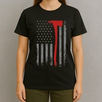 Wildland Firefighter Axe American Flag Thin Red Line Fireman T-Shirt