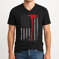 Wildland Firefighter Axe American Flag Thin Red Line Fireman V-Neck T-Shirt