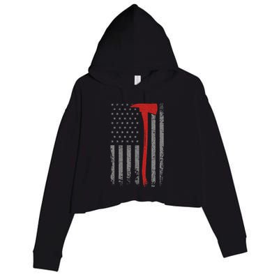 Wildland Firefighter Axe American Flag Thin Red Line Fireman Crop Fleece Hoodie