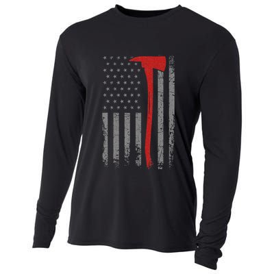 Wildland Firefighter Axe American Flag Thin Red Line Fireman Cooling Performance Long Sleeve Crew