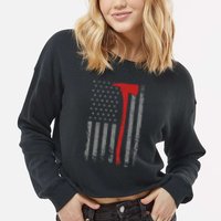 Wildland Firefighter Axe American Flag Thin Red Line Fireman Cropped Pullover Crew
