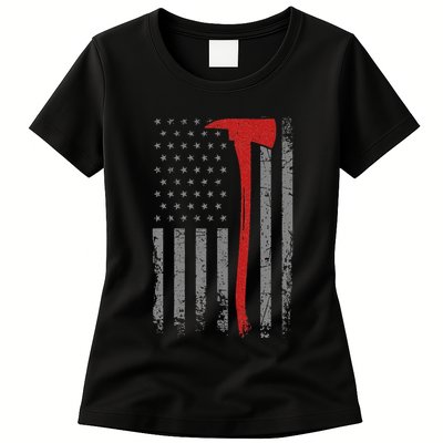 Wildland Firefighter Axe American Flag Thin Red Line Fireman Womens T-Shirt