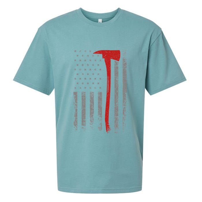Wildland Firefighter Axe American Flag Thin Red Line Fireman Sueded Cloud Jersey T-Shirt