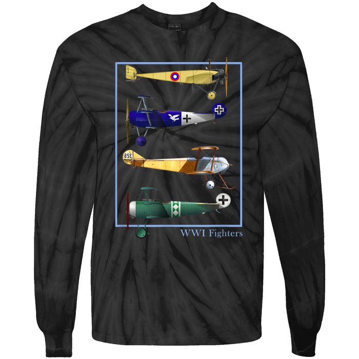 WWI Fighters Airplanes Vintage Tie-Dye Long Sleeve Shirt