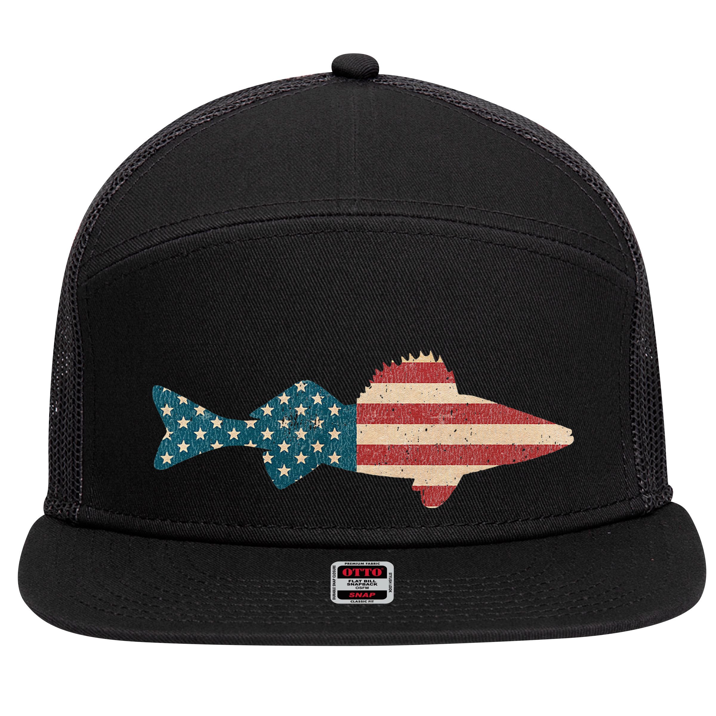 Walleye Fishing American Flag Sauger Angling 7 Panel Mesh Trucker Snapback Hat