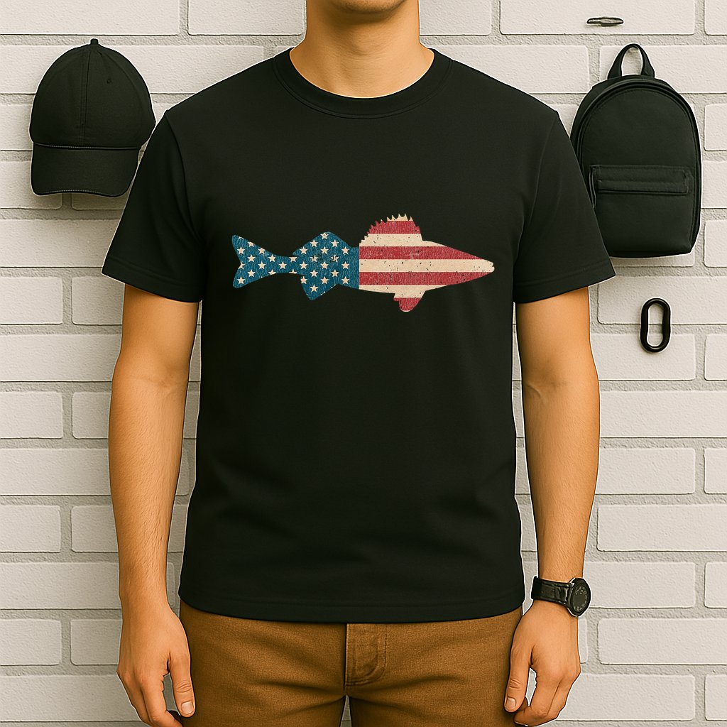 Walleye Fishing American Flag Sauger Angling T-Shirt