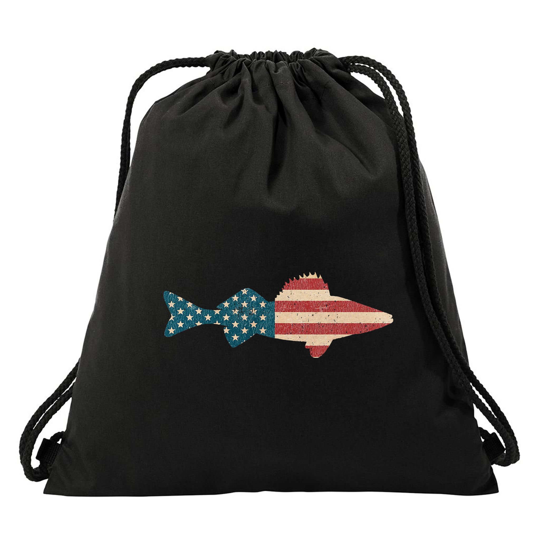 Walleye Fishing American Flag Sauger Angling Drawstring Bag