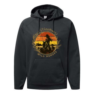 Wild Flowers And Wild Horses Sunset Country Cowgirl Performance Fleece Hoodie