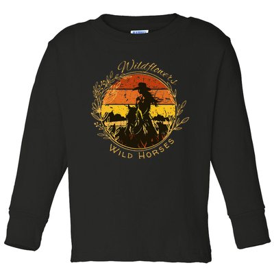 Wild Flowers And Wild Horses Sunset Country Cowgirl Toddler Long Sleeve Shirt