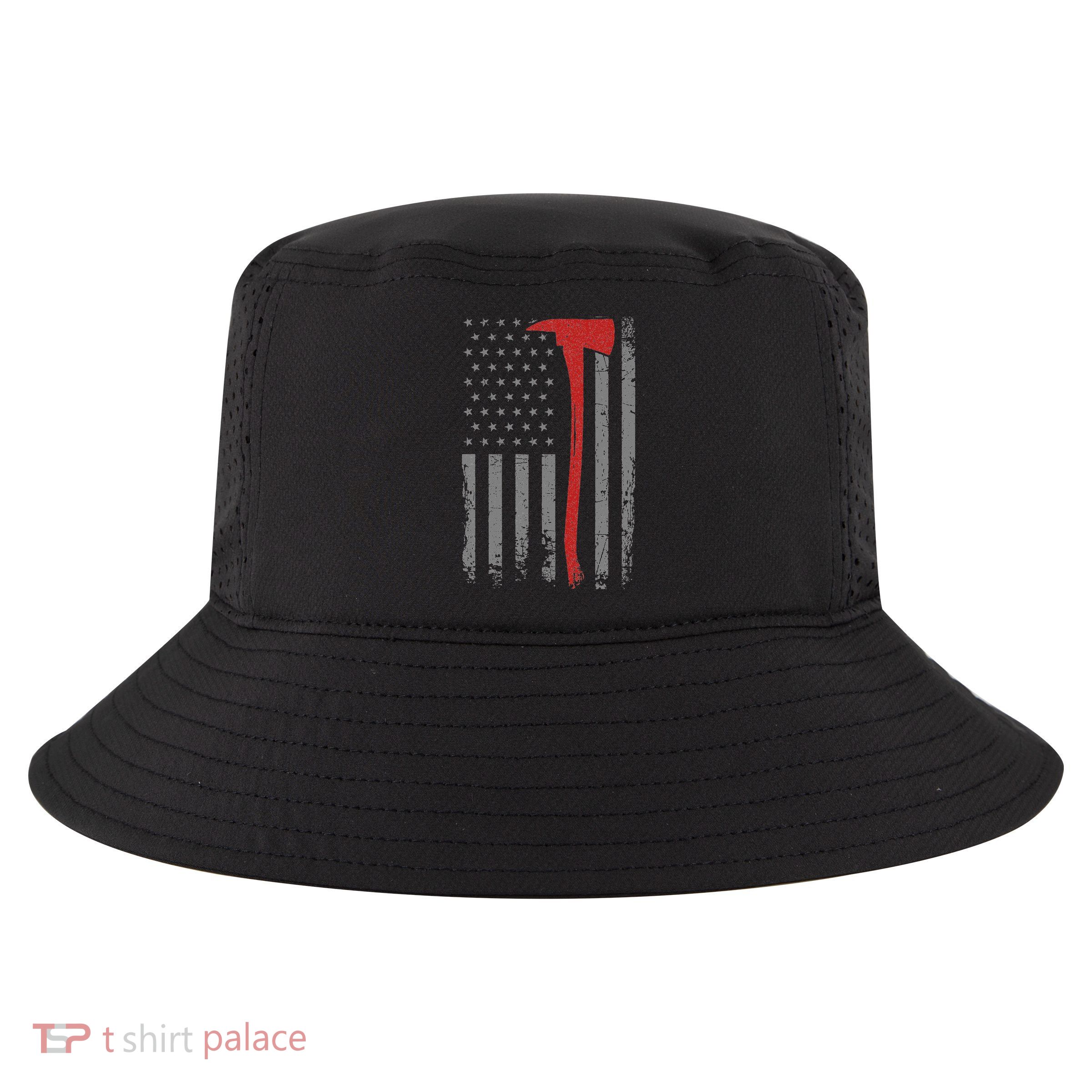 Wildland Firefighter Axe American Flag Thin Red Line Fireman Cool Comfort Performance Bucket Hat