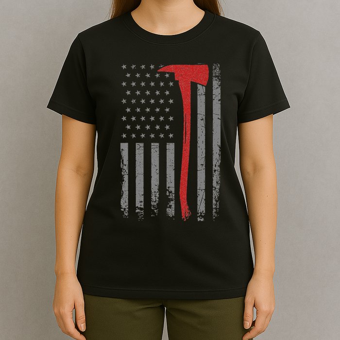 Wildland Firefighter Axe American Flag Thin Red Line Fireman T-Shirt