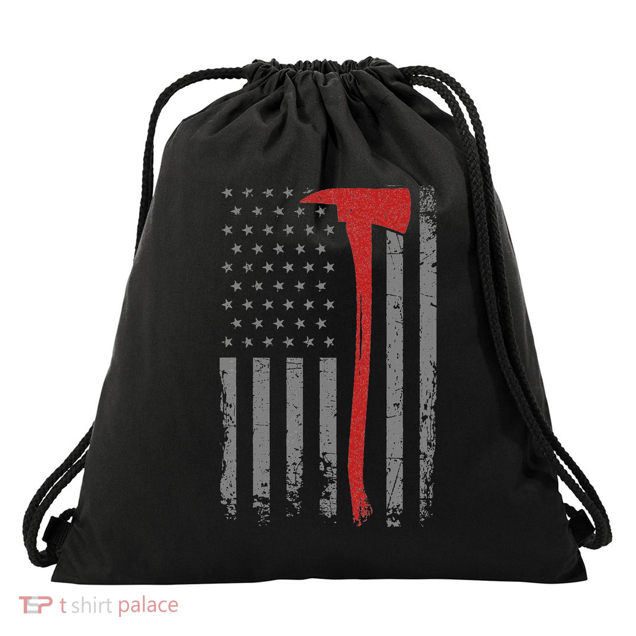 Wildland Firefighter Axe American Flag Thin Red Line Fireman Drawstring Bag