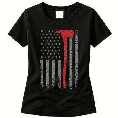 Wildland Firefighter Axe American Flag Thin Red Line Fireman Womens T-Shirt