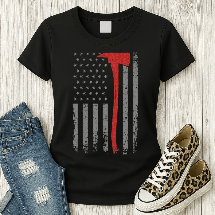 Wildland Firefighter Axe American Flag Thin Red Line Fireman Womens T-Shirt