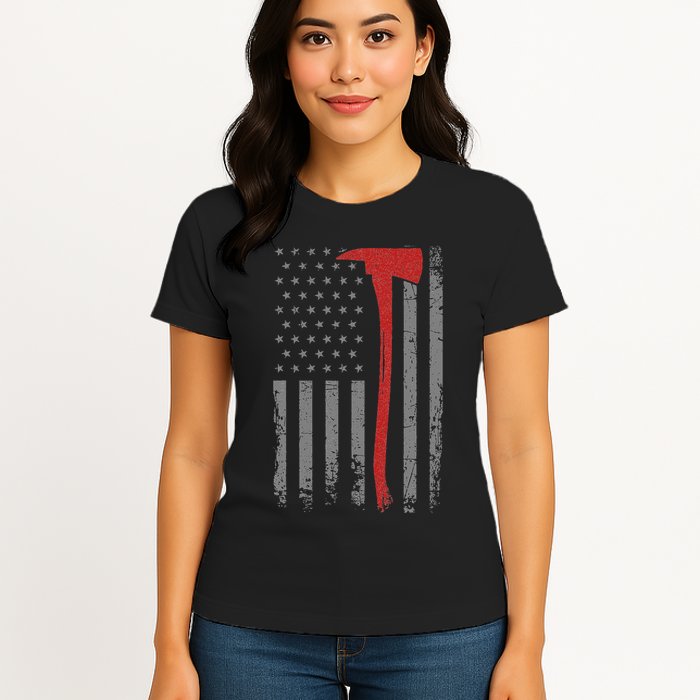 Wildland Firefighter Axe American Flag Thin Red Line Fireman Womens T-Shirt