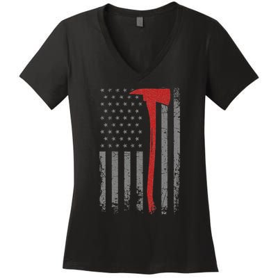 Wildland Firefighter Axe American Flag Thin Red Line Fireman Women's V-Neck T-Shirt