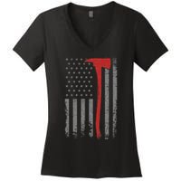 Wildland Firefighter Axe American Flag Thin Red Line Fireman Women's V-Neck T-Shirt