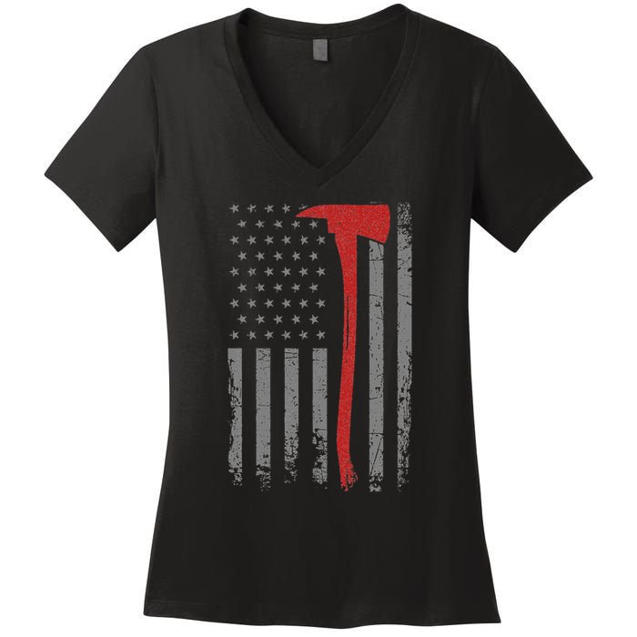Wildland Firefighter Axe American Flag Thin Red Line Fireman Women's V-Neck T-Shirt