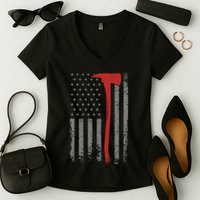 Wildland Firefighter Axe American Flag Thin Red Line Fireman Women's V-Neck T-Shirt