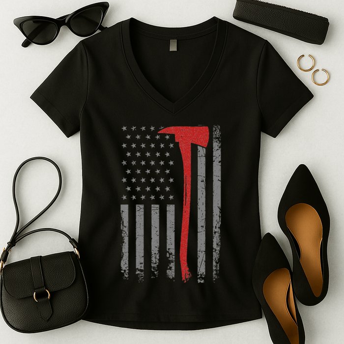 Wildland Firefighter Axe American Flag Thin Red Line Fireman Women's V-Neck T-Shirt
