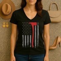 Wildland Firefighter Axe American Flag Thin Red Line Fireman Women's V-Neck T-Shirt