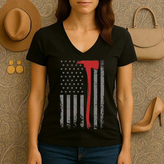 Wildland Firefighter Axe American Flag Thin Red Line Fireman Women's V-Neck T-Shirt