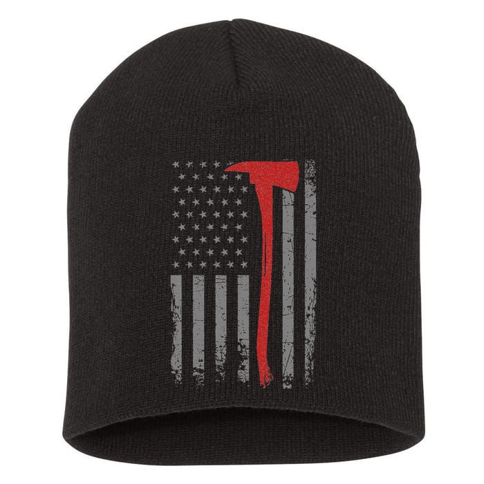 Wildland Firefighter Axe American Flag Thin Red Line Fireman Short Acrylic Beanie