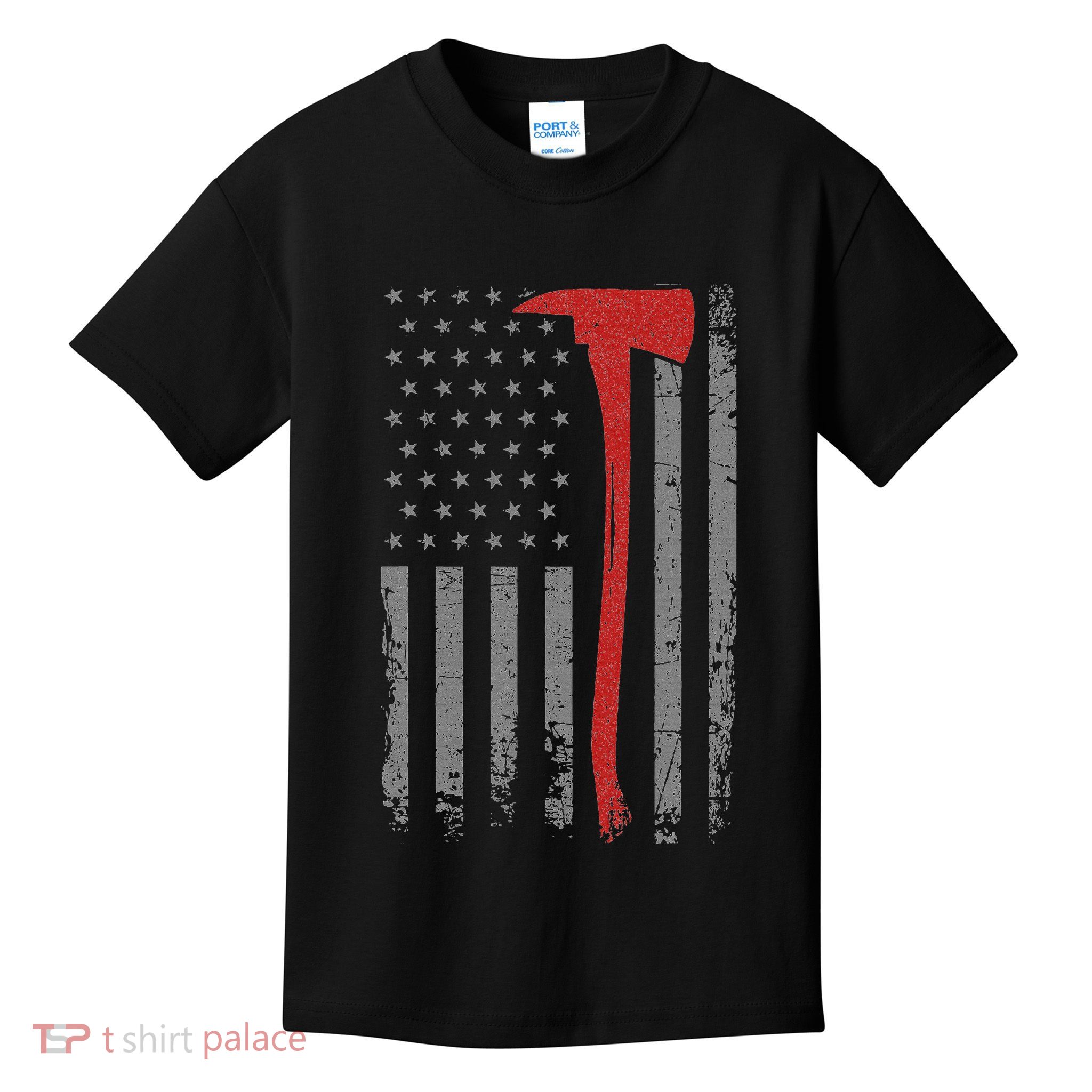 Wildland Firefighter Axe American Flag Thin Red Line Fireman Kids T-Shirt