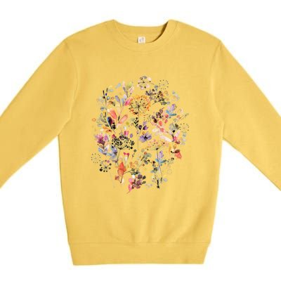 Wild Flowers And Plants Watercolor Wild Nature Botanical Print Premium Crewneck Sweatshirt