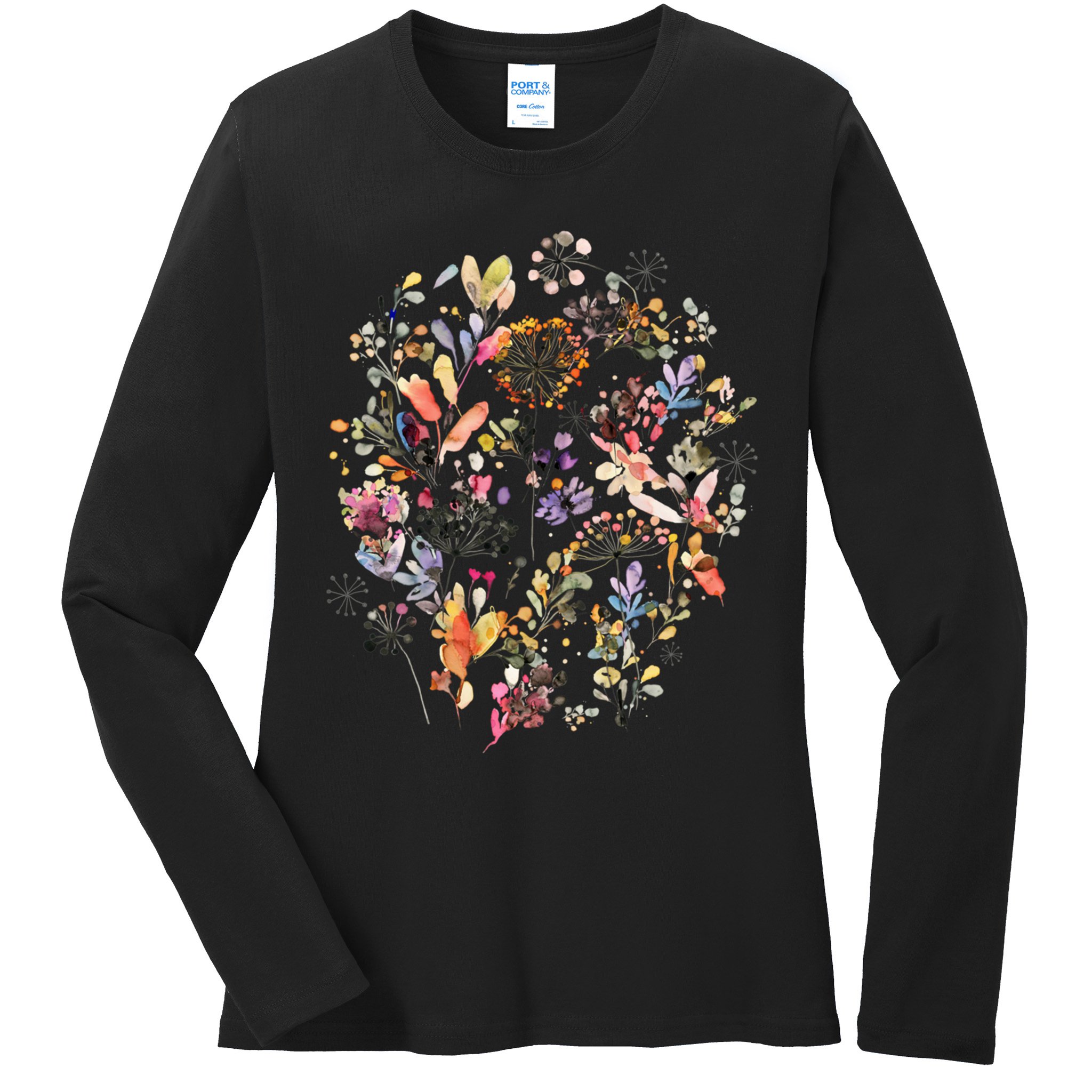 Wild Flowers And Plants Watercolor Wild Nature Botanical Print Ladies Long Sleeve Shirt