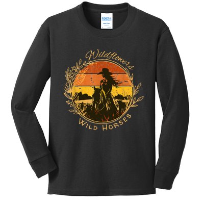 Wild Flowers And Wild Horses Vintage Sunset Country Cowgirl Kids Long Sleeve Shirt