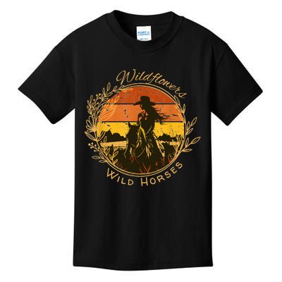 Wild Flowers And Wild Horses Vintage Sunset Country Cowgirl Kids T-Shirt