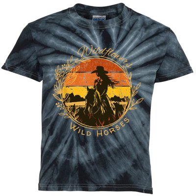 Wild Flowers And Wild Horses Vintage Sunset Country Cowgirl Kids Tie-Dye T-Shirt