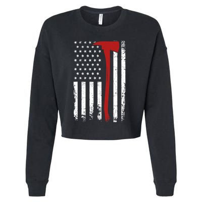 Wildland Firefighter Axe American Flag Thin Red Line Fireman Cropped Pullover Crew