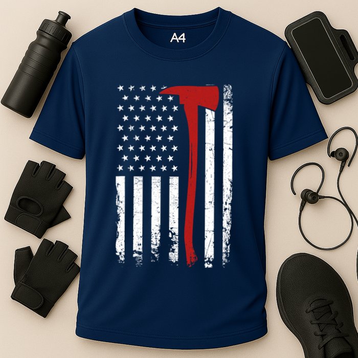 Wildland Firefighter Axe American Flag Thin Red Line Fireman Performance Shirt