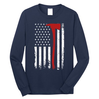 Wildland Firefighter Axe American Flag Thin Red Line Fireman Long Sleeve Shirt