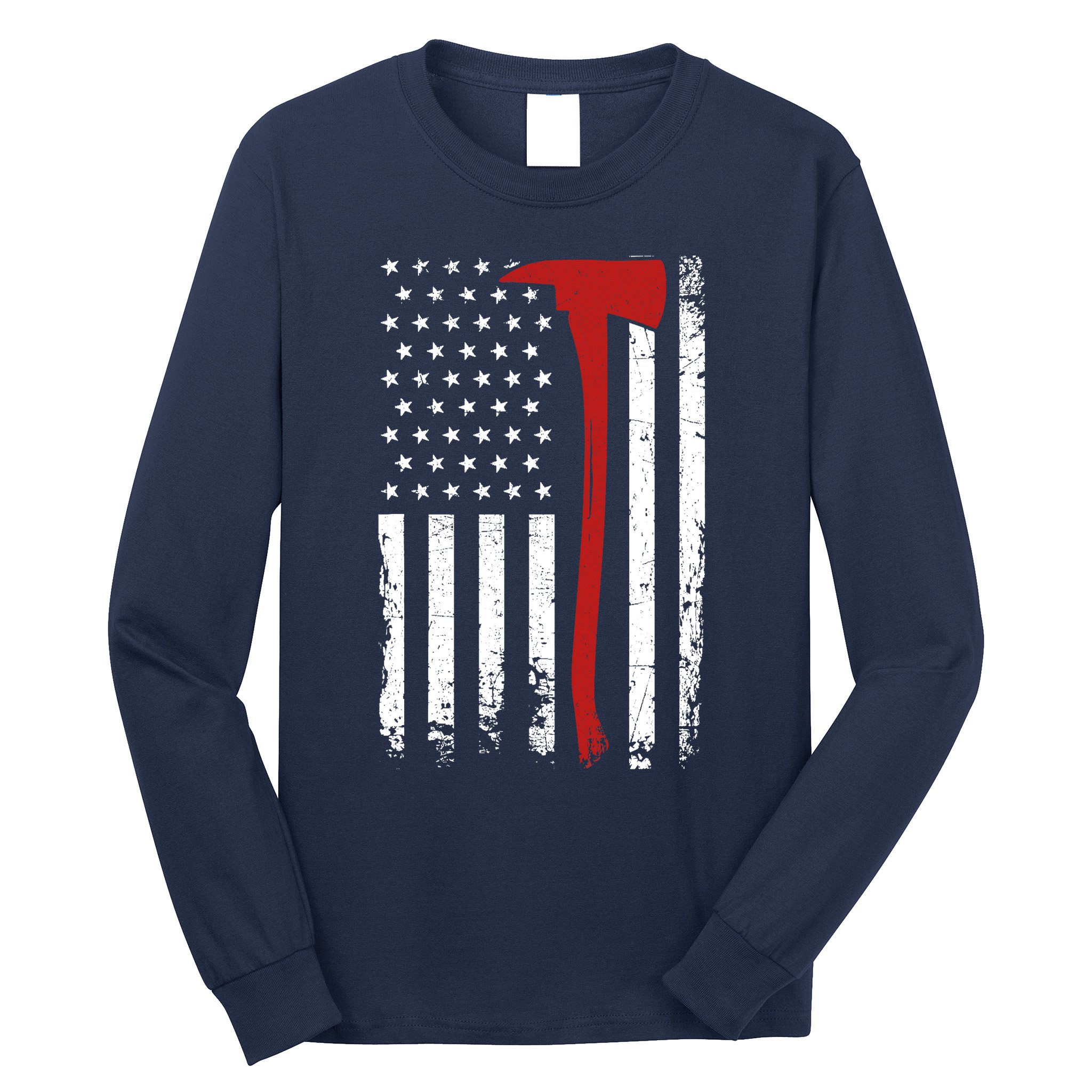 Wildland Firefighter Axe American Flag Thin Red Line Fireman Long Sleeve Shirt