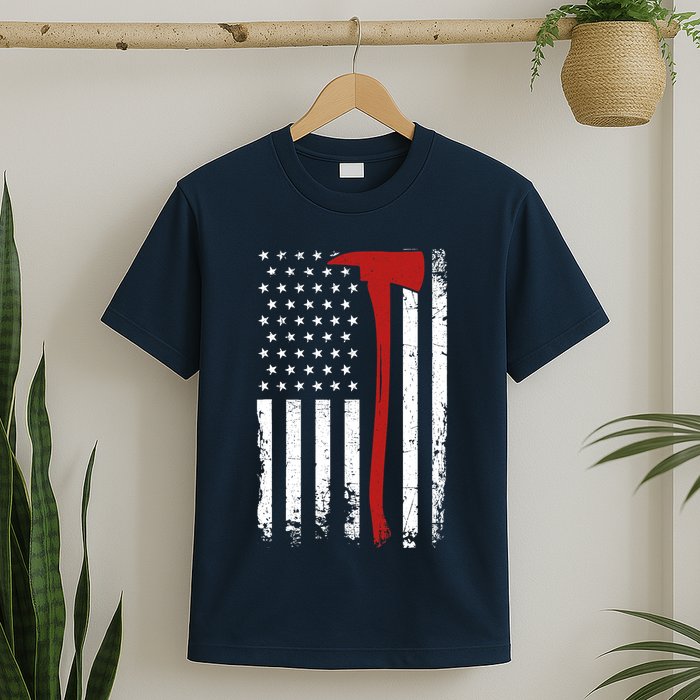 Wildland Firefighter Axe American Flag Thin Red Line Fireman T-Shirt