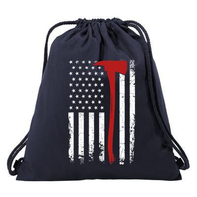 Wildland Firefighter Axe American Flag Thin Red Line Fireman Drawstring Bag