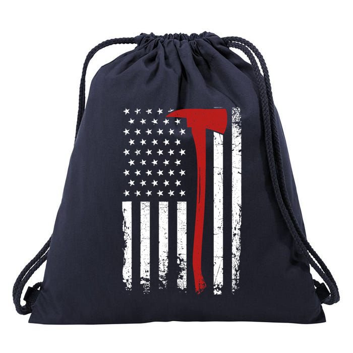 Wildland Firefighter Axe American Flag Thin Red Line Fireman Drawstring Bag
