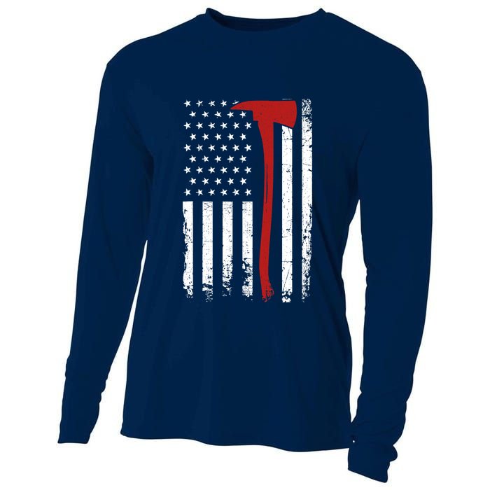 Wildland Firefighter Axe American Flag Thin Red Line Fireman Cooling Performance Long Sleeve Crew