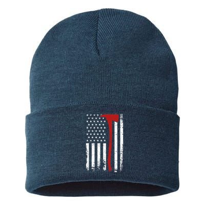 Wildland Firefighter Axe American Flag Thin Red Line Fireman Sustainable Knit Beanie