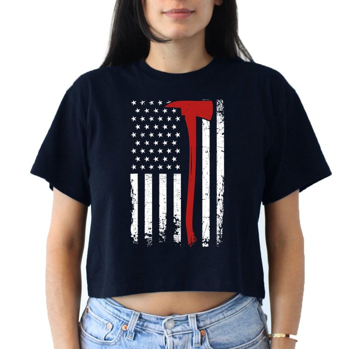 Wildland Firefighter Axe American Flag Thin Red Line Fireman Crop Top