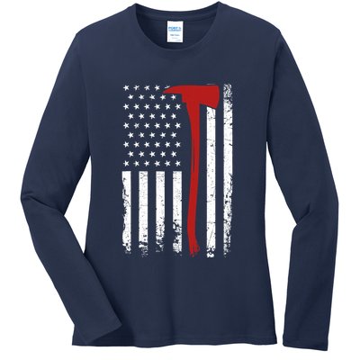 Wildland Firefighter Axe American Flag Thin Red Line Fireman Ladies Long Sleeve Shirt